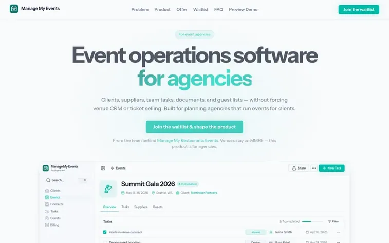 Screenshot of the Manage My Events homepage
