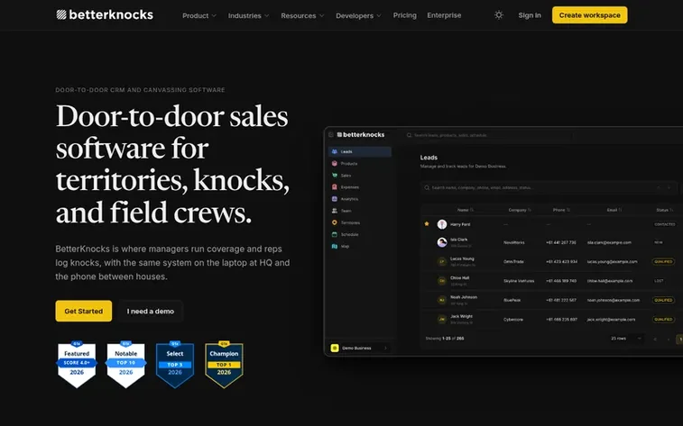 Screenshot of the BetterKnocks homepage