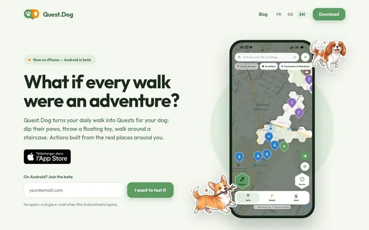 Screenshot of the Quest.Dog homepage