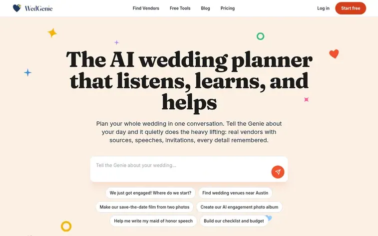 Screenshot of the WedGenie homepage