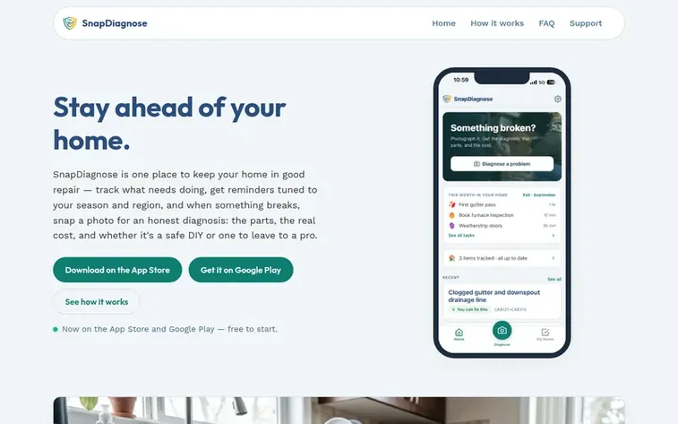Screenshot of the SnapDiagnose homepage