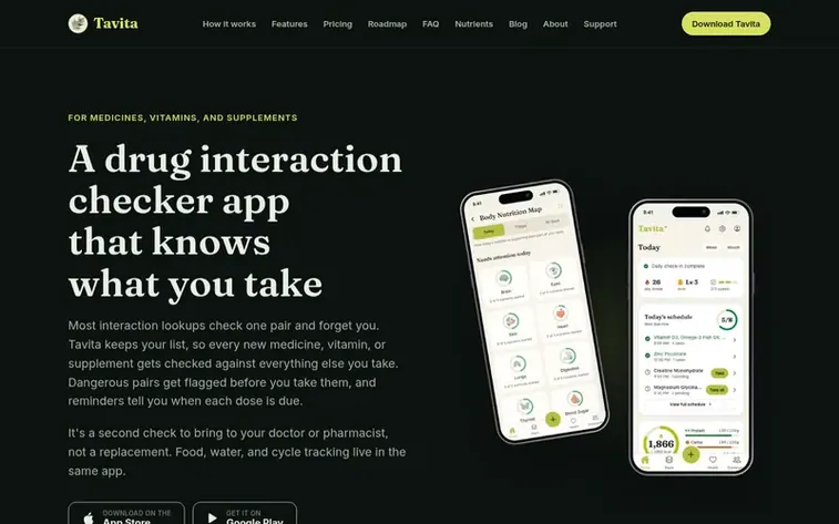 Screenshot of the Tavita homepage