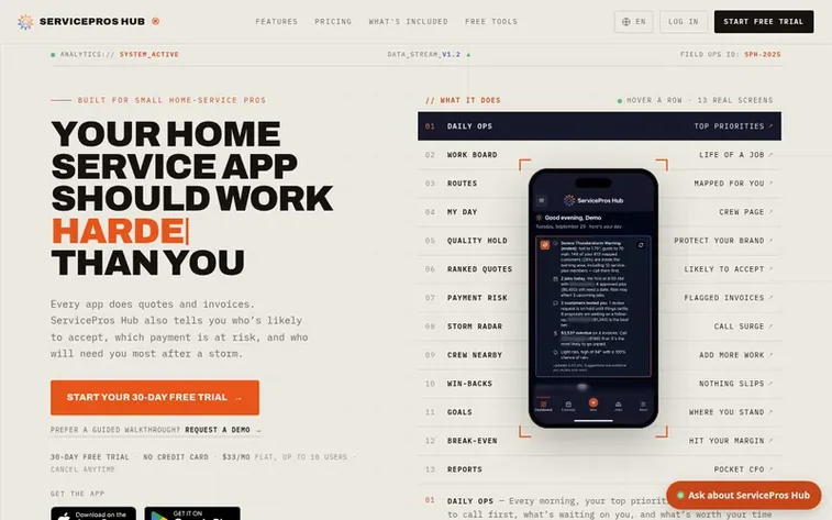 Screenshot of the ServicePros Hub homepage