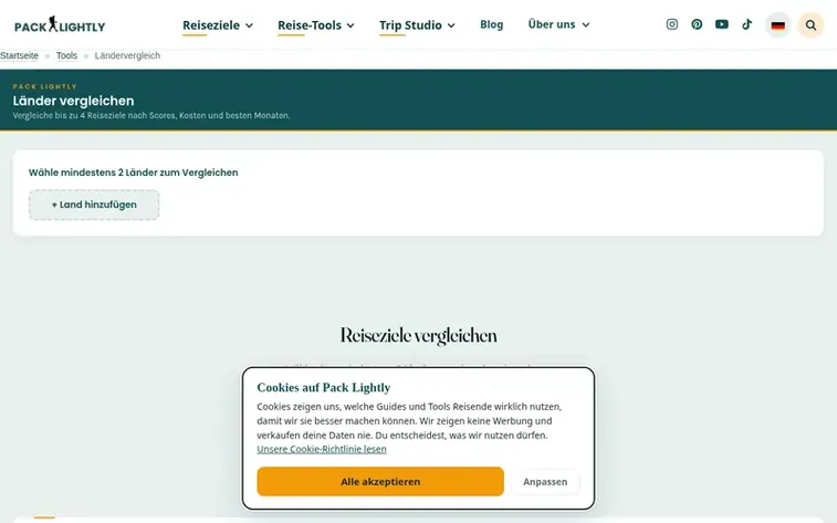Screenshot of the Pack Lightly homepage