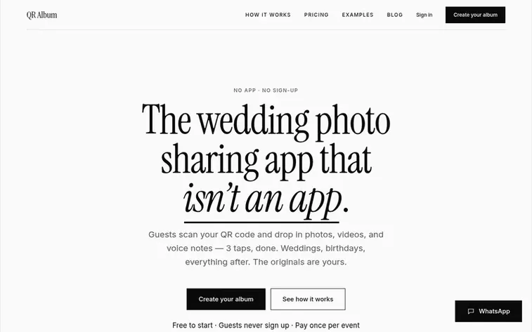 Screenshot of the QR Album homepage