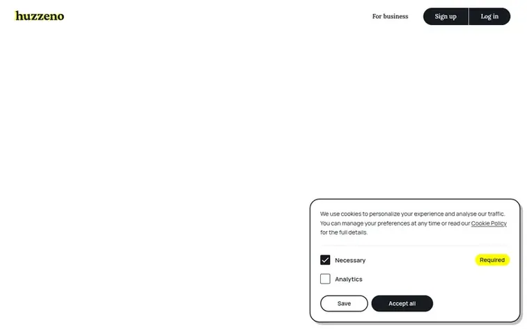 Screenshot of the Huzzeno homepage