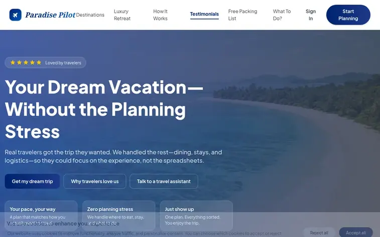 Screenshot of the Paradise Pilot homepage