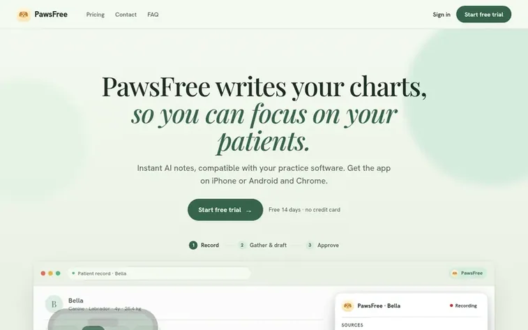 Screenshot of the PawsFree homepage